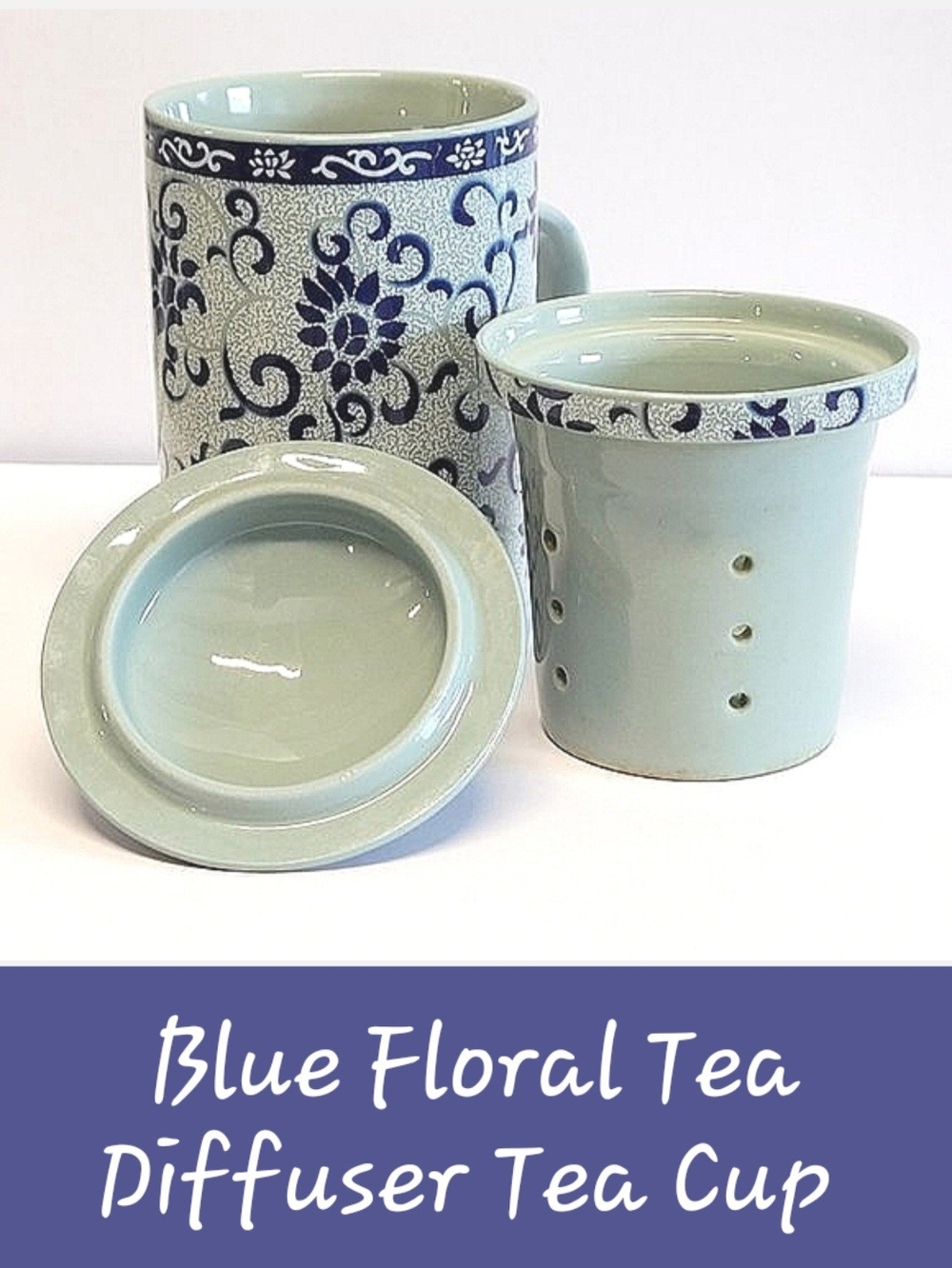 Vintage Blue Floral Tea Diffuser Cup Set All-over Design